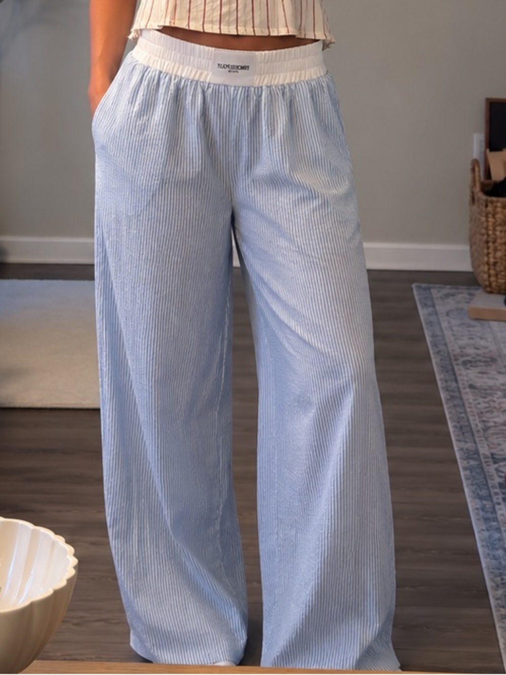 Princess Polly Light Blue Striped Wide-Leg Lounge Pants